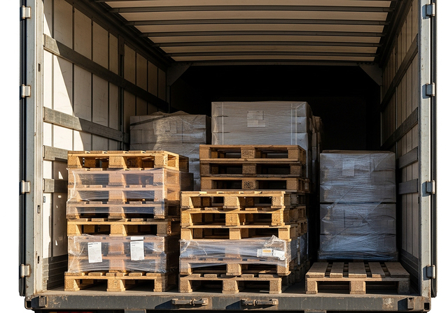 Illustration showing pallet arrangement inside a 53-foot dry van, including rows and pinwheel loading options.