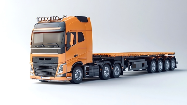 Photo of a flatbed trailer carrying large machinery with no walls or roof.