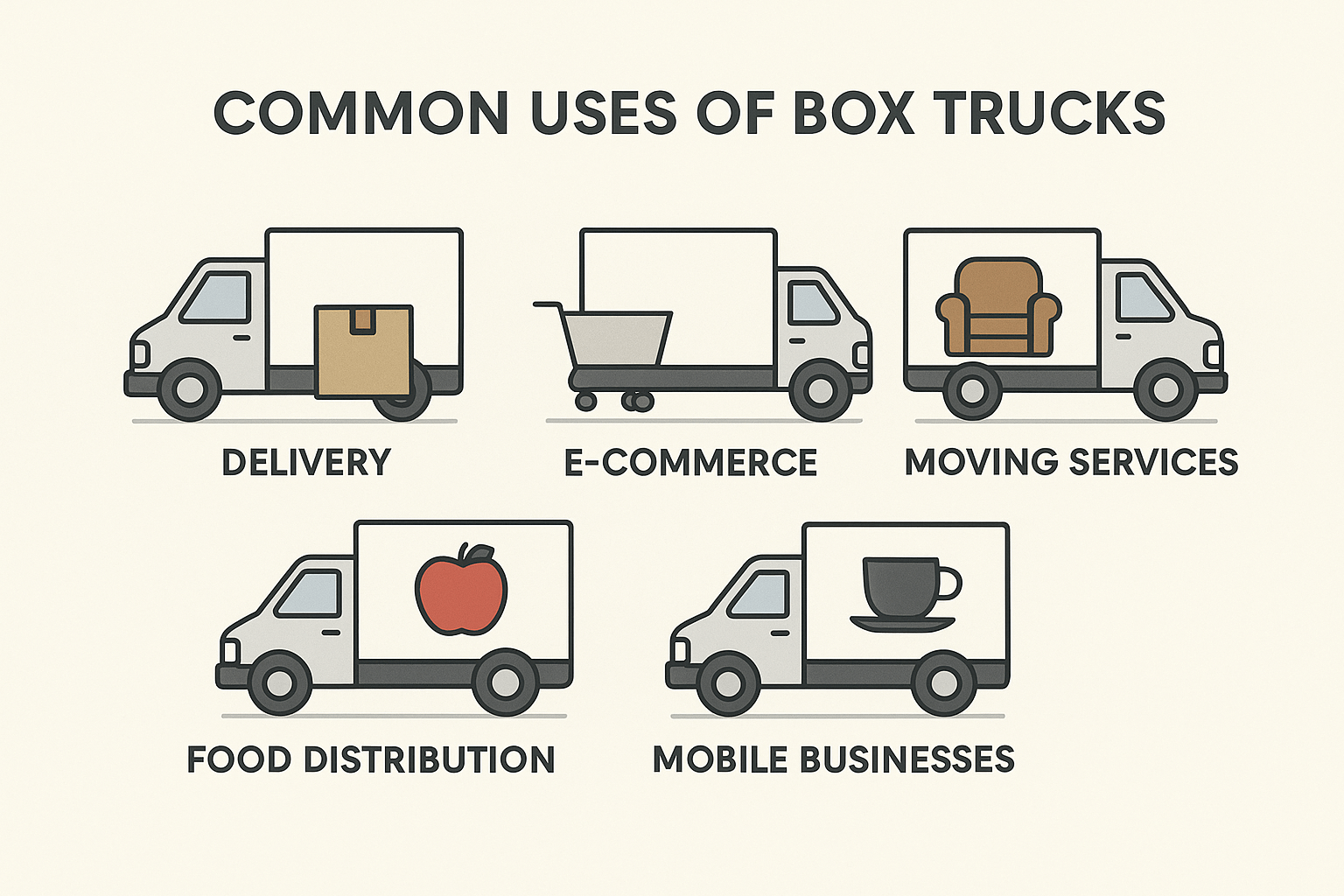 Infographic showing the most common uses for box trucks including delivery, e-commerce, moving, food distribution, and mobile businesses.