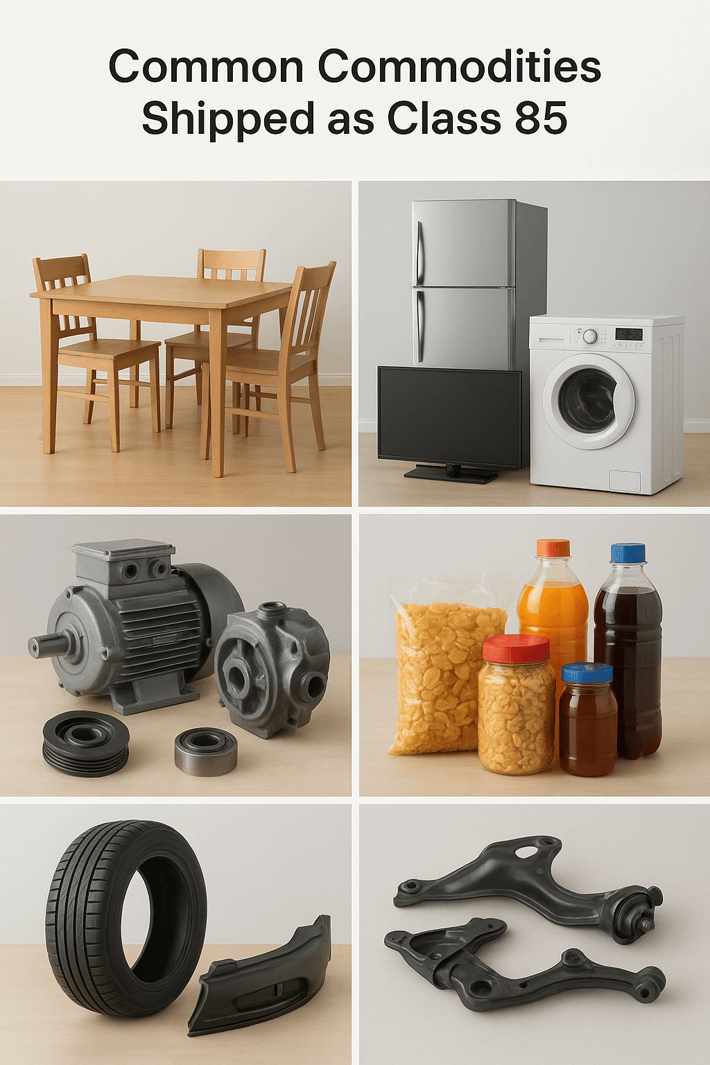 Photo collage of typical Class 85 shipments including furniture, appliances, machinery parts, consumer packaged goods, and automotive components.