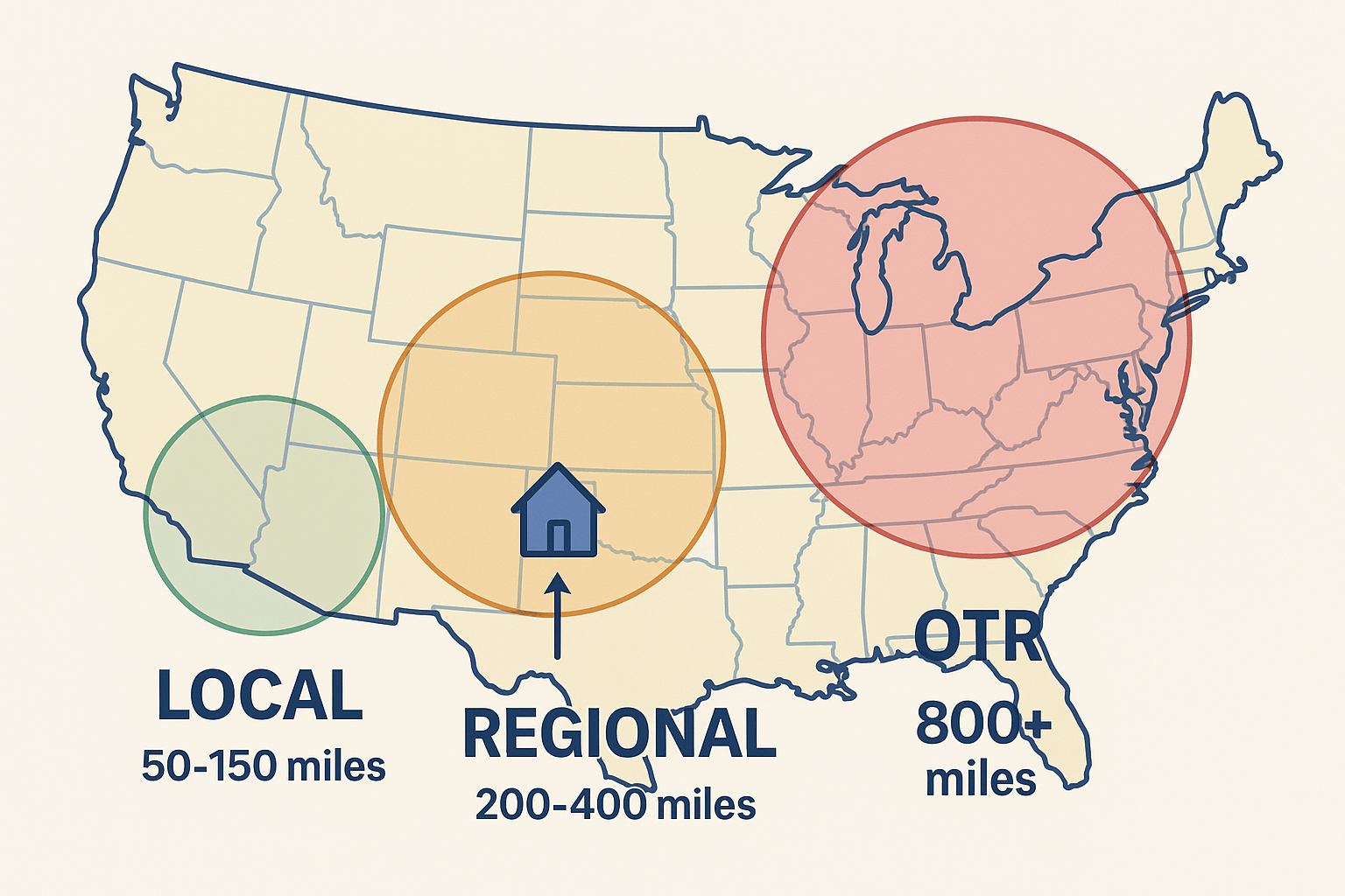 Diagram comparing local, regional, and OTR trucking routes with distances and home return schedules.