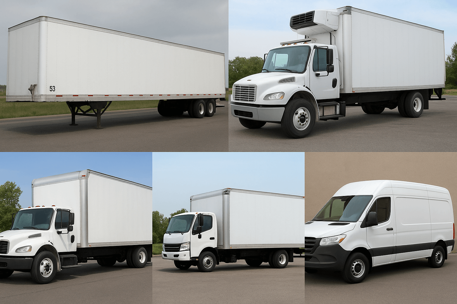 Photo collage showing different truck types for regional and local trucking, including dry vans, reefers, flatbeds, and box trucks.