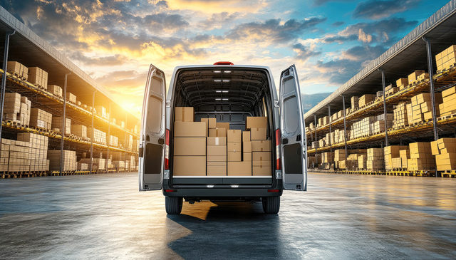 Box truck interior showing compartments with various items loaded for delivery.