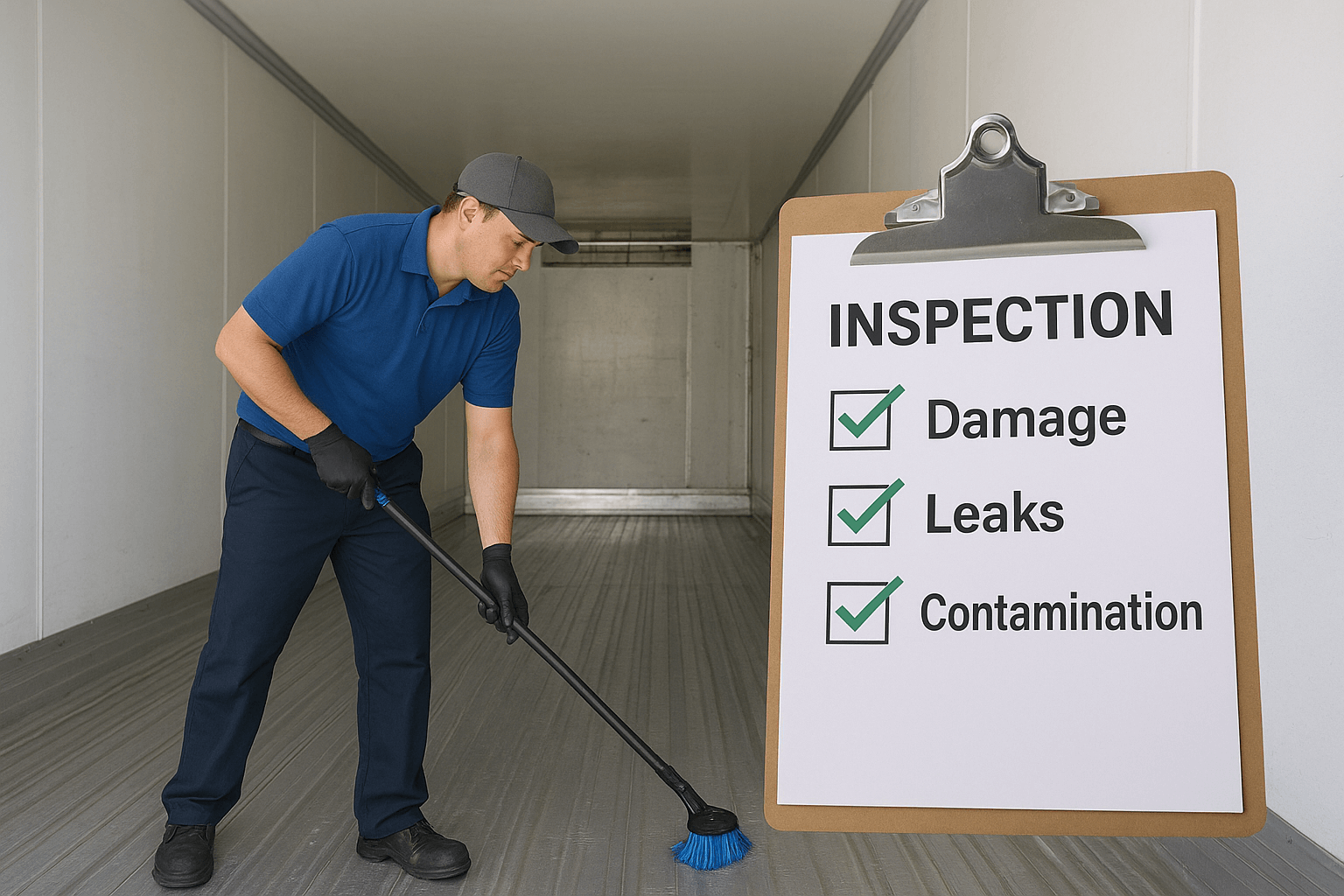 Technician cleaning and inspecting a food-grade dry van, ensuring it meets food safety standards.