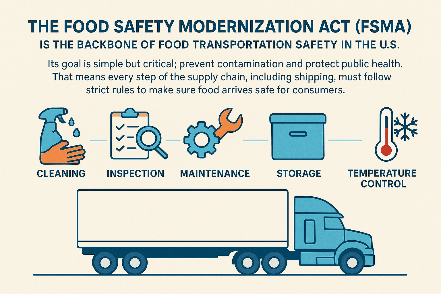 Infographic showing FSMA compliance steps for food-grade dry vans, including cleaning, inspection, maintenance, and storage.