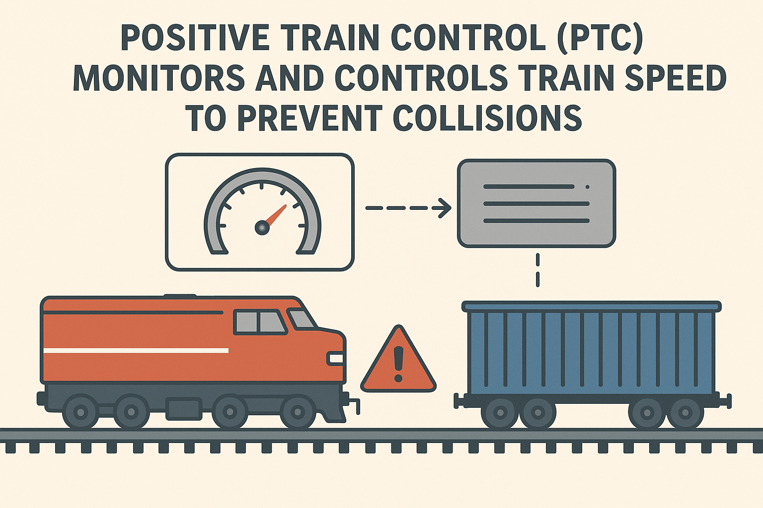 Diagram illustrating Positive Train Control (PTC) technology for train safety and collision prevention.