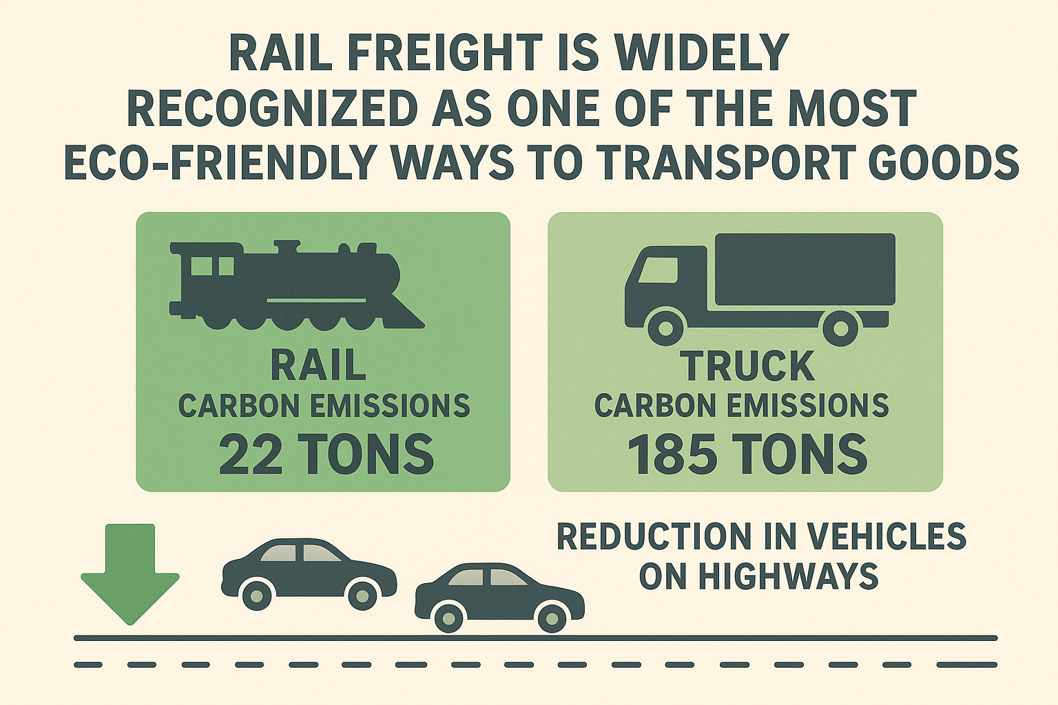 Infographic comparing carbon emissions of rail freight versus trucking and highlighting environmental benefits.