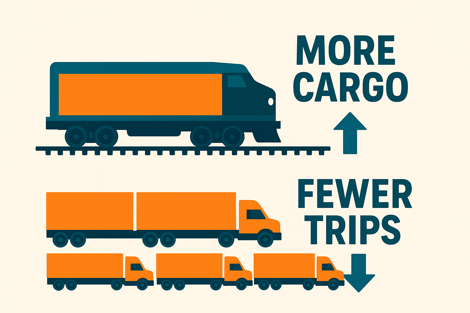 Infographic comparing cargo capacity of rail freight versus multiple trucks, showing efficiency and bulk volume.