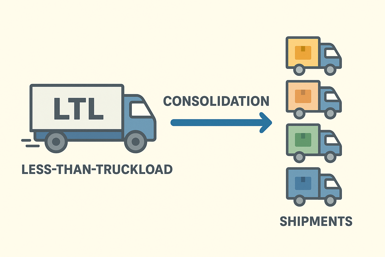 Infographic illustrating LTL shipping and consolidation, showing multiple shipments sharing truck space to reduce costs and improve efficiency.