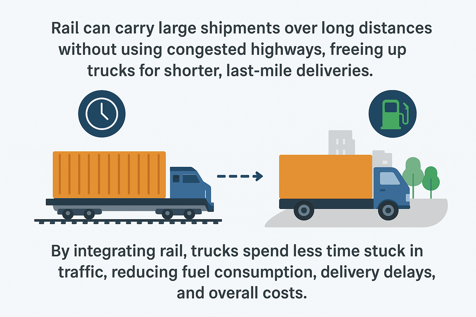 Diagram illustrating multi-modal freight transport with rail for long distances and trucks for last-mile delivery.