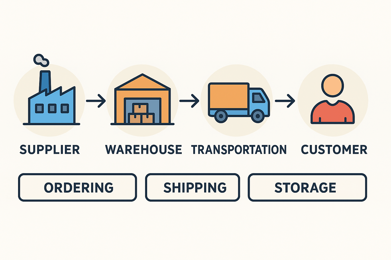 Diagram showing the flow of products through the supply chain from supplier to customer, including ordering, shipping, storage, and delivery.