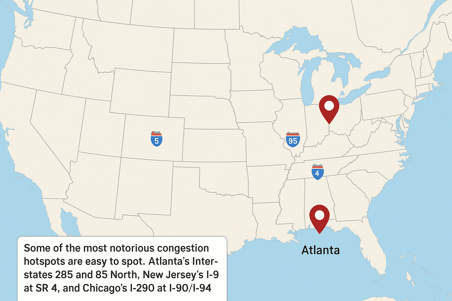 U.S. map highlighting major highway congestion hotspots in Atlanta, New Jersey, and Chicago.