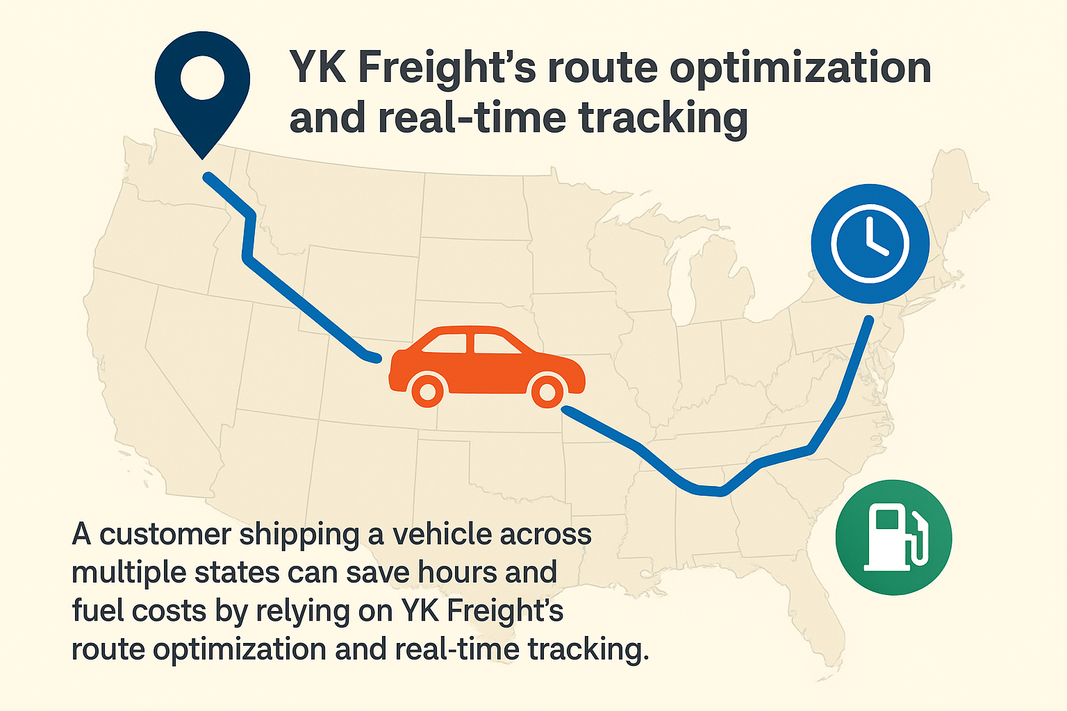 Map showing multi-state vehicle shipping with an optimized route, highlighting time and fuel savings with YK Freight.