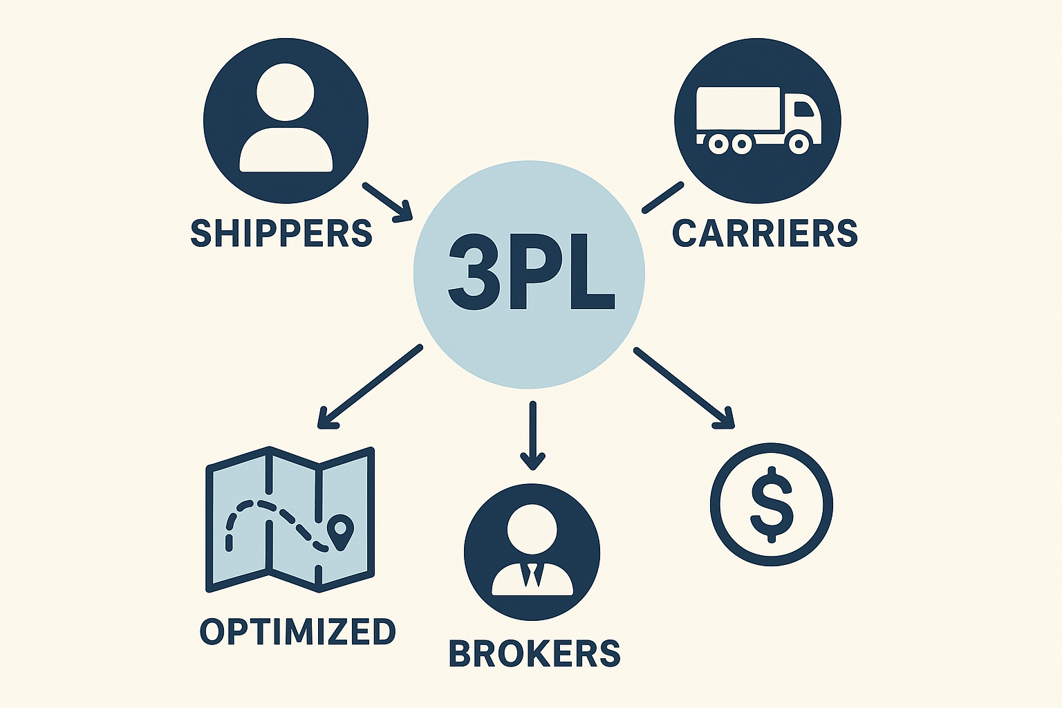 Infographic illustrating a 3PL network connecting shippers, carriers, and brokers for better rates