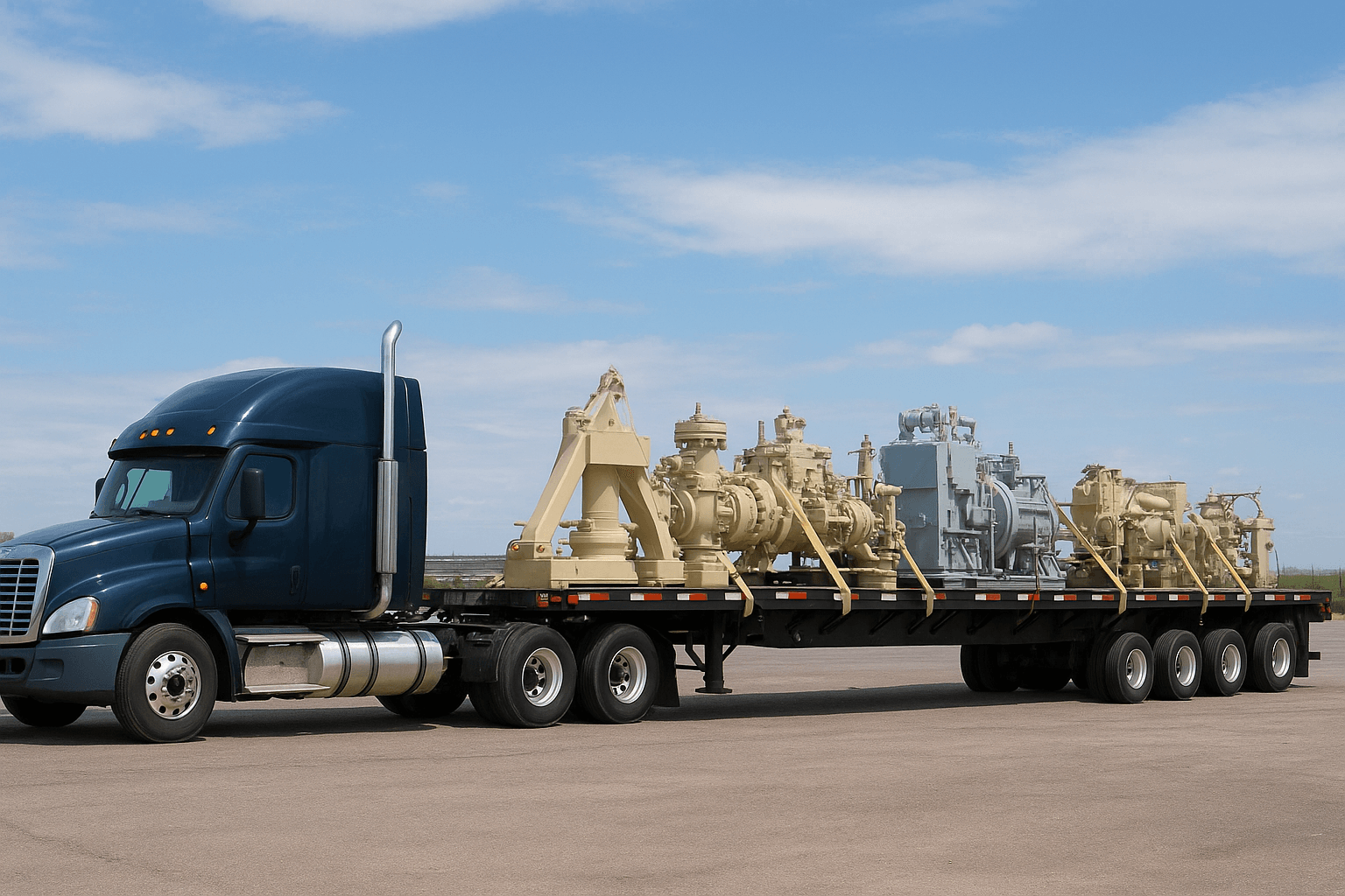 Flatbed truck transporting consolidated oil and gas equipment to drilling sites, maximizing space and reducing costs.