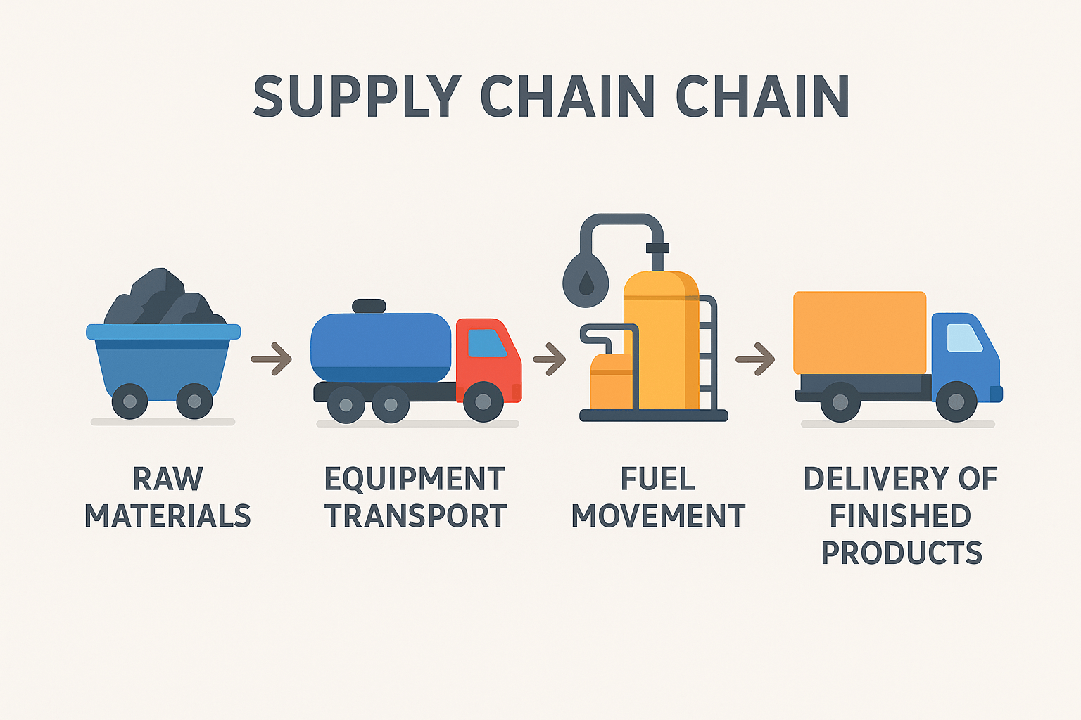 Diagram of oil and gas supply chain stages from raw materials sourcing to finished product delivery.