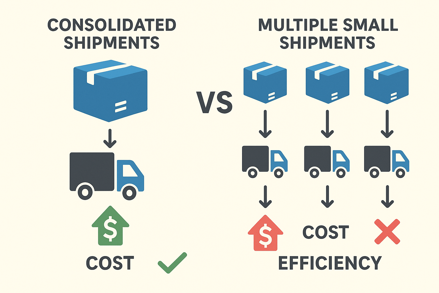 Diagram comparing consolidated shipments versus multiple small deliveries for cost efficiency