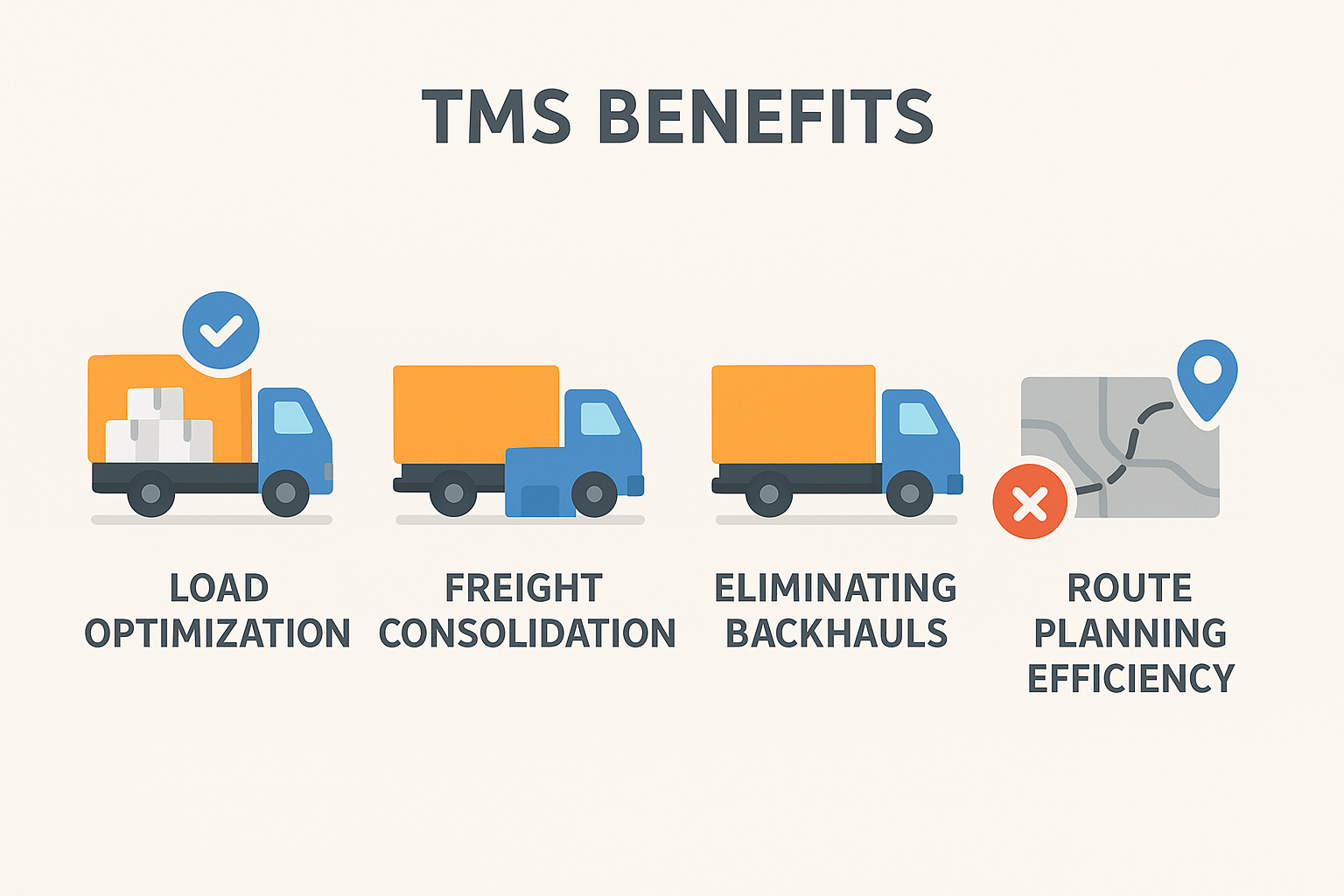 Infographic illustrating how a Transportation Management System reduces logistics costs with load optimization, freight consolidation, fewer empty backhauls, and efficient route planning.