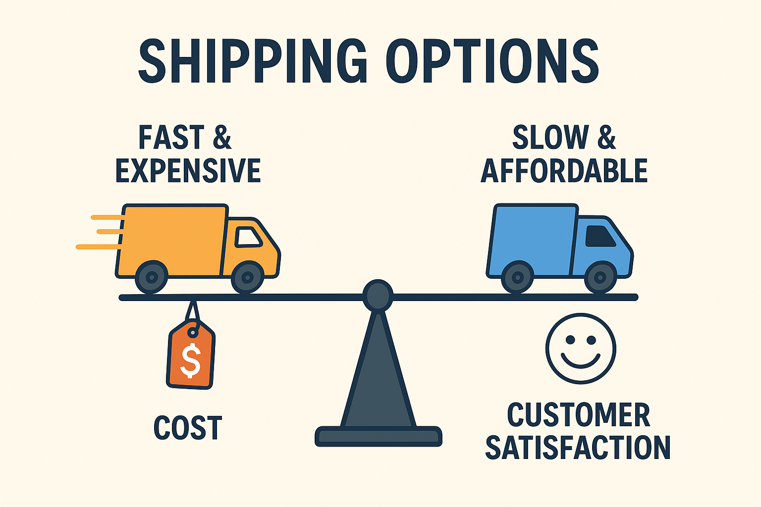 Infographic comparing fast expensive shipping with slower cheaper options and their impact on business profit and customer satisfaction.