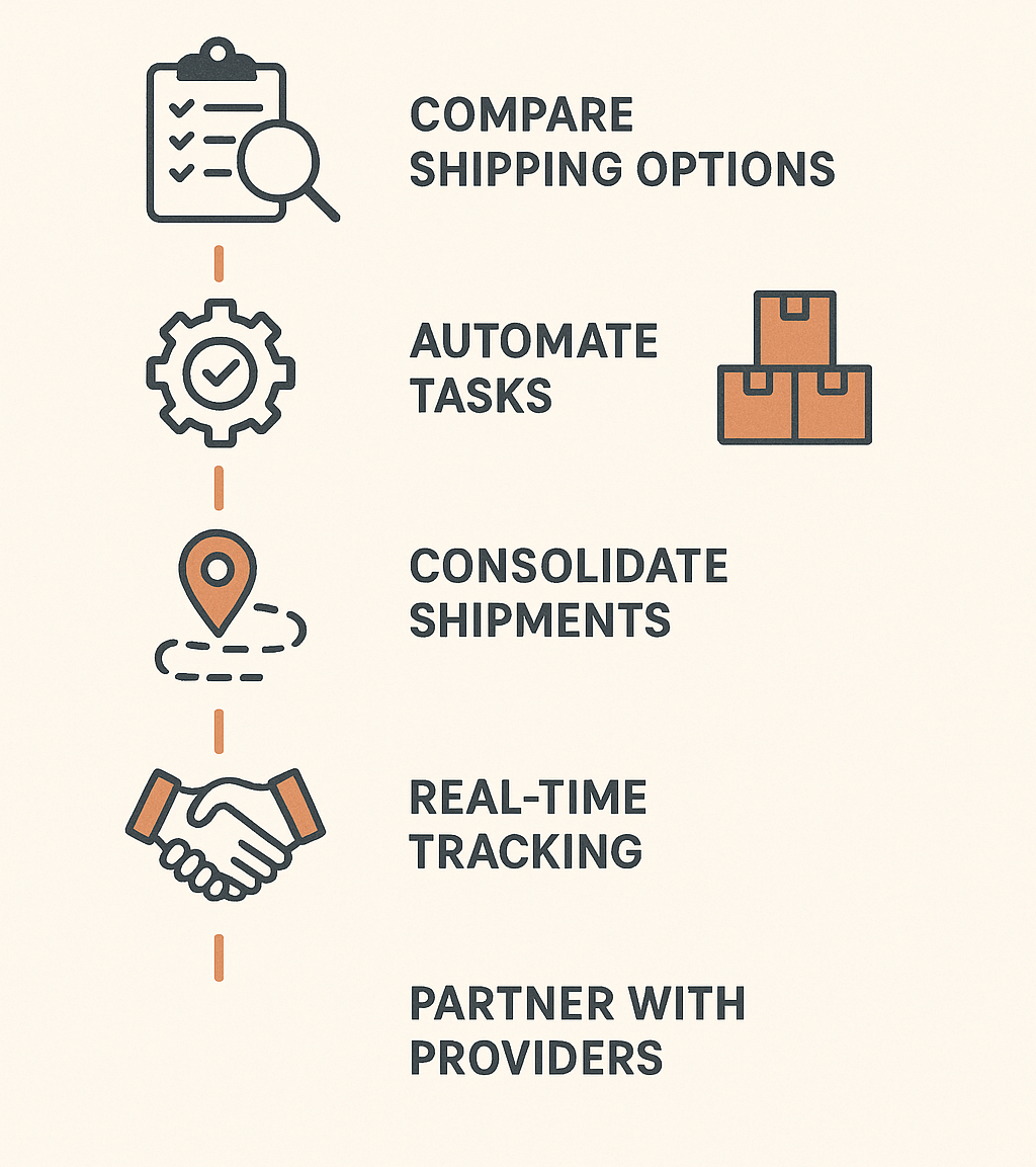 Diagram showing practical steps for small businesses to improve shipping efficiency and reduce costs.