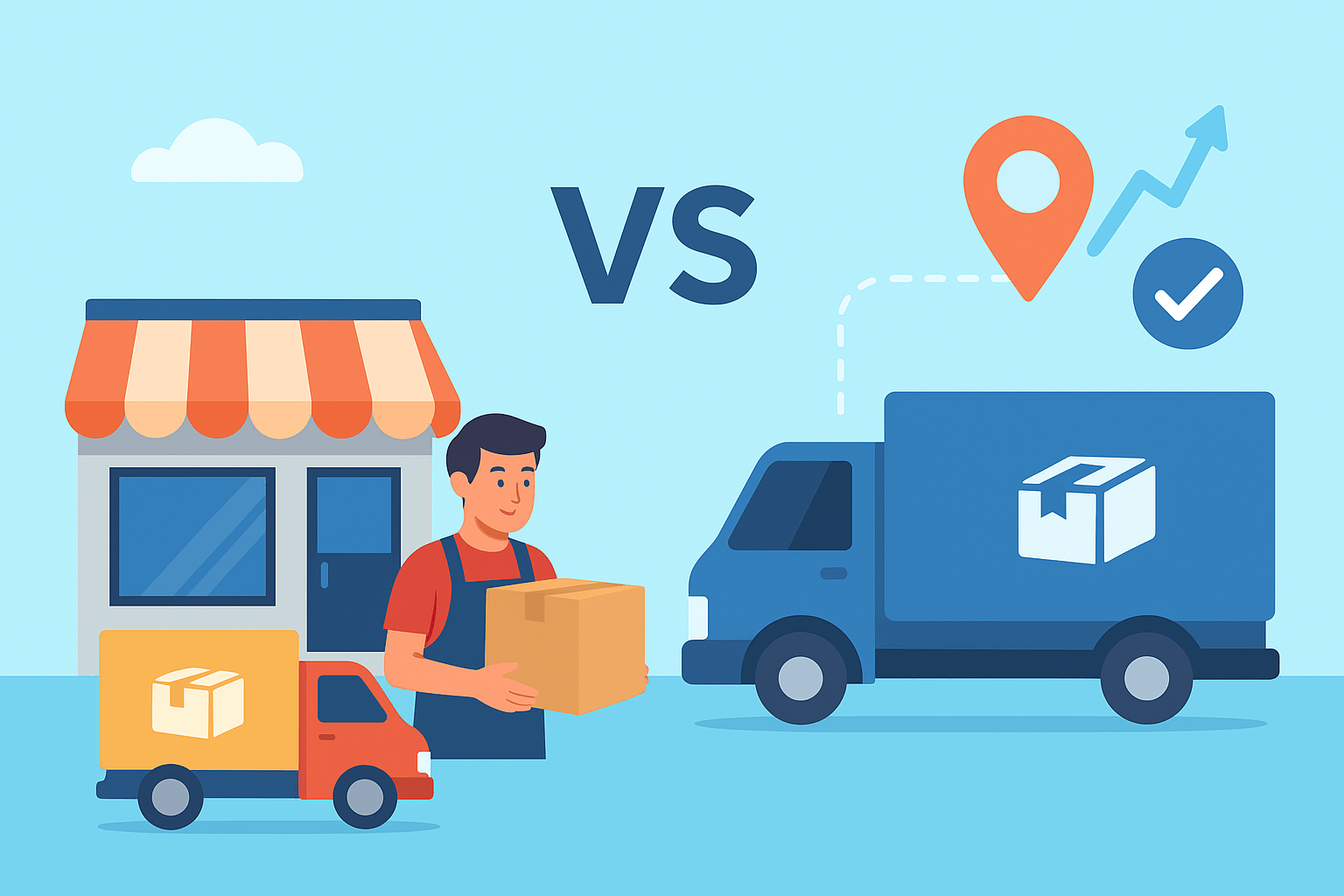 Illustration of a small business competing with large retailers in shipping and delivery.