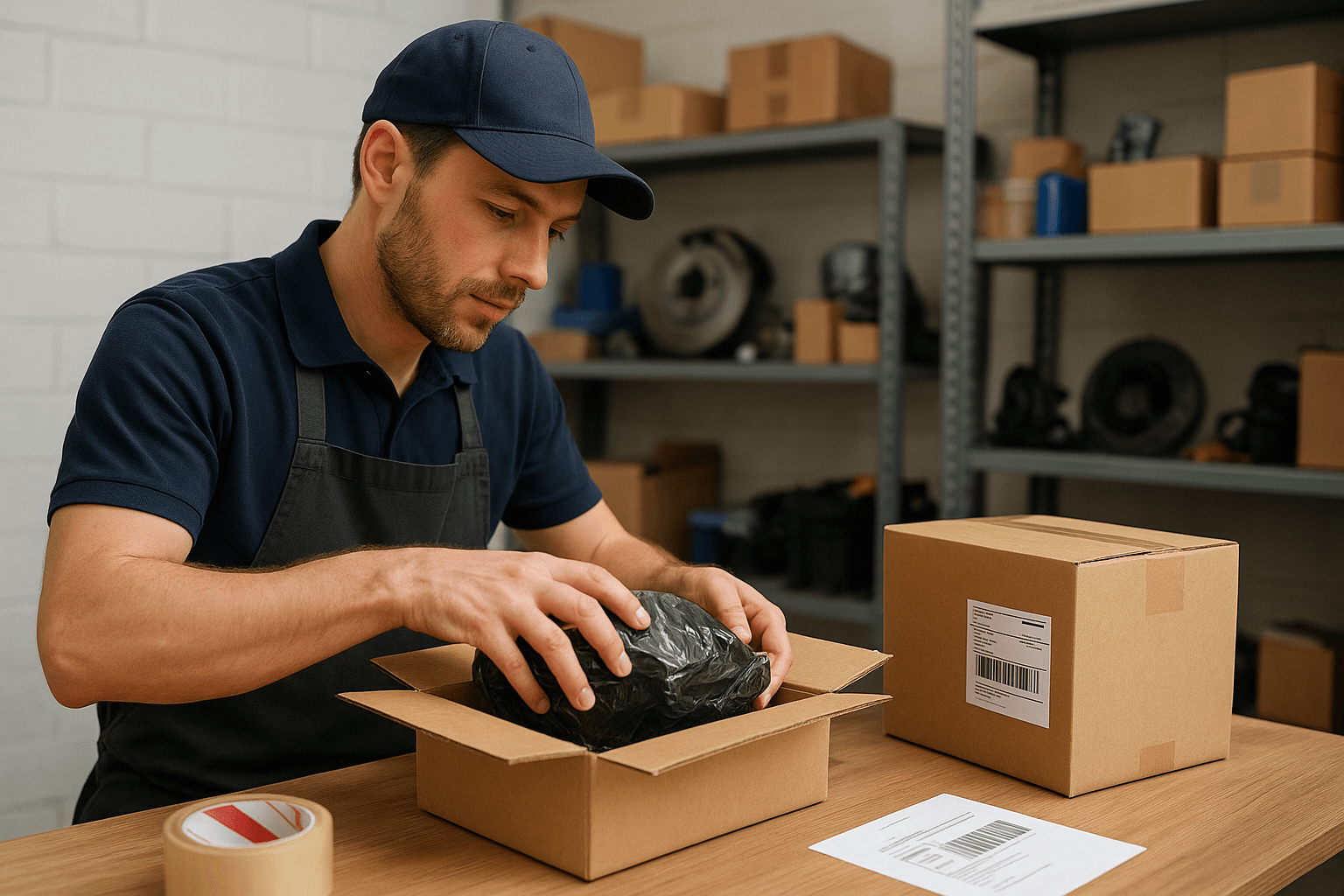Worker packaging auto parts for shipment to ensure timely and safe delivery.