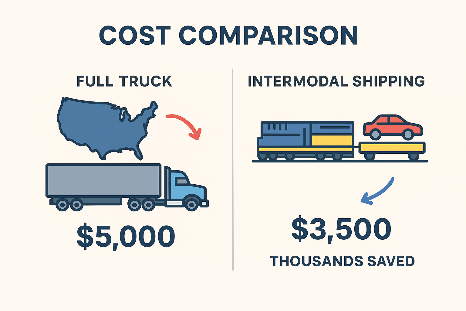 Infographic comparing full truck delivery vs intermodal shipping for vehicles, showing potential cost savings.