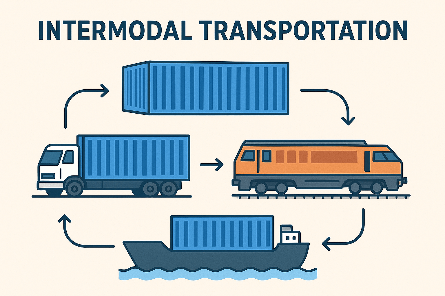 Diagram illustrating intermodal transportation with a container moving between truck, train, and ship.