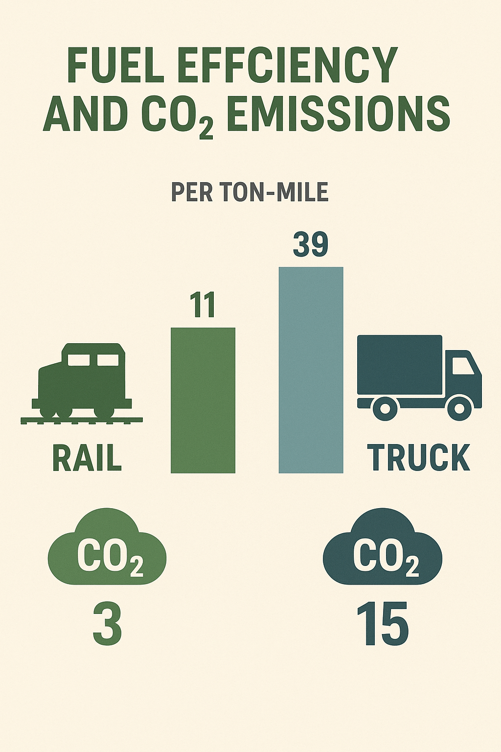 Chart comparing fuel efficiency and CO₂ emissions of rail vs truck transportation per ton-mile.
