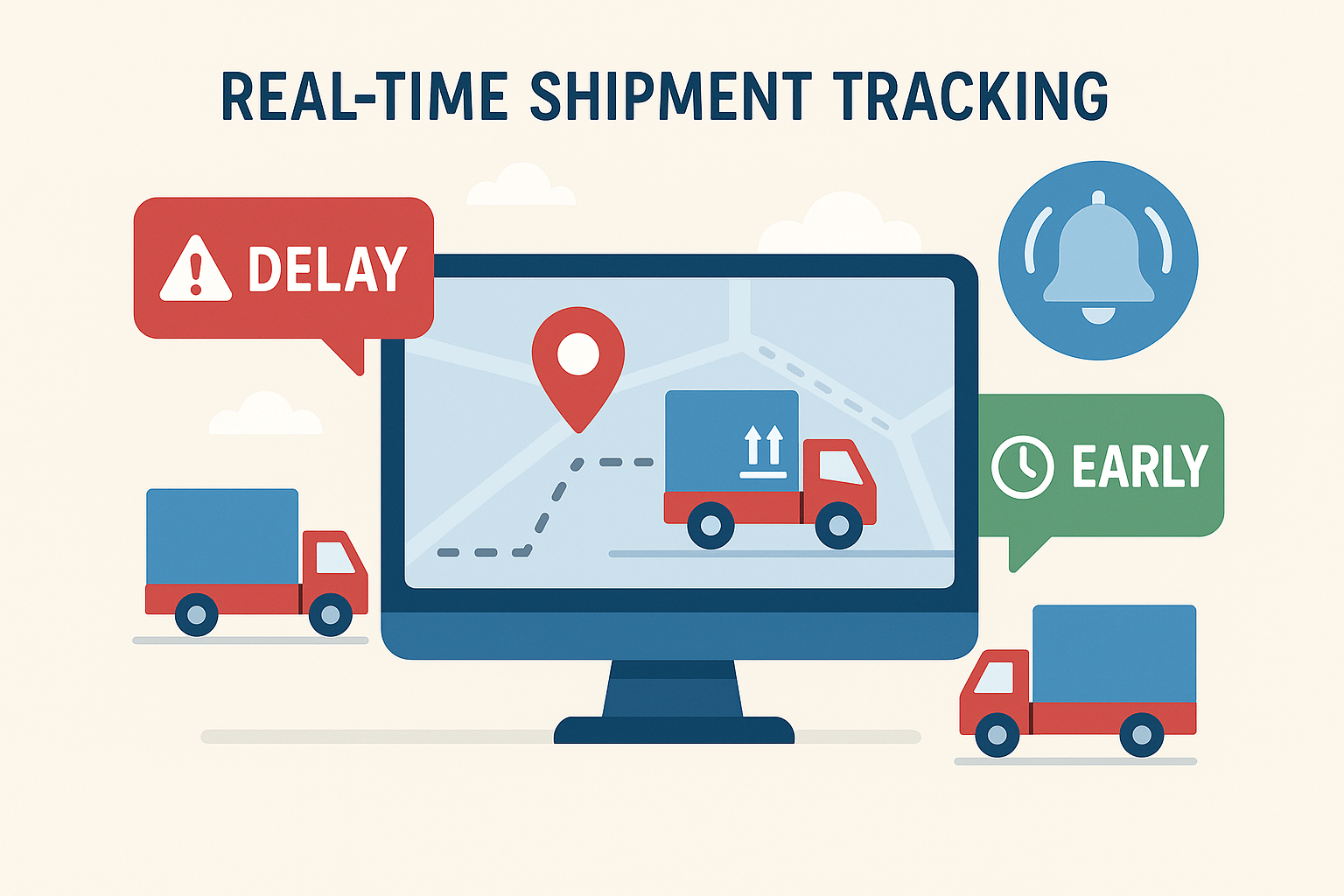 Infographic showing real-time inbound shipment tracking with alerts for delays and early arrivals.