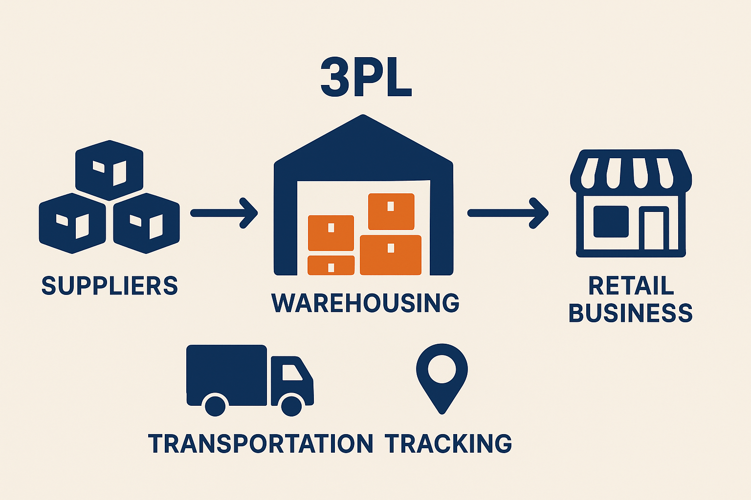 Diagram illustrating how a 3PL manages transportation, warehousing, and shipment tracking for retail businesses.