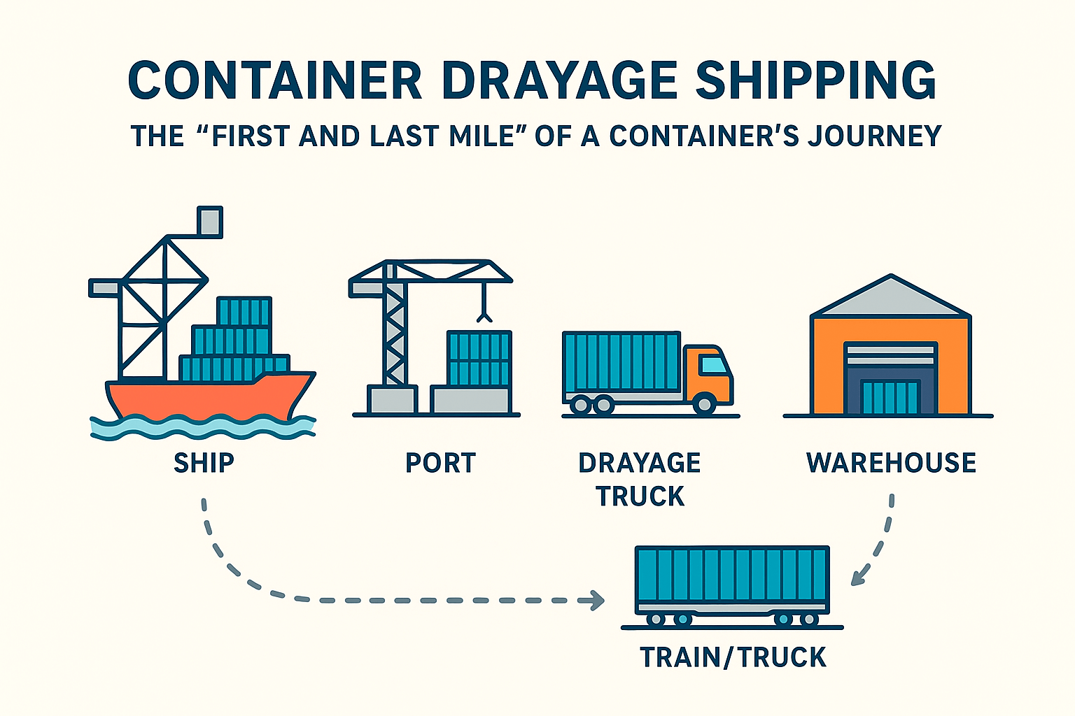 Diagram illustrating the first and last mile of container drayage from port to warehouse or rail terminal.