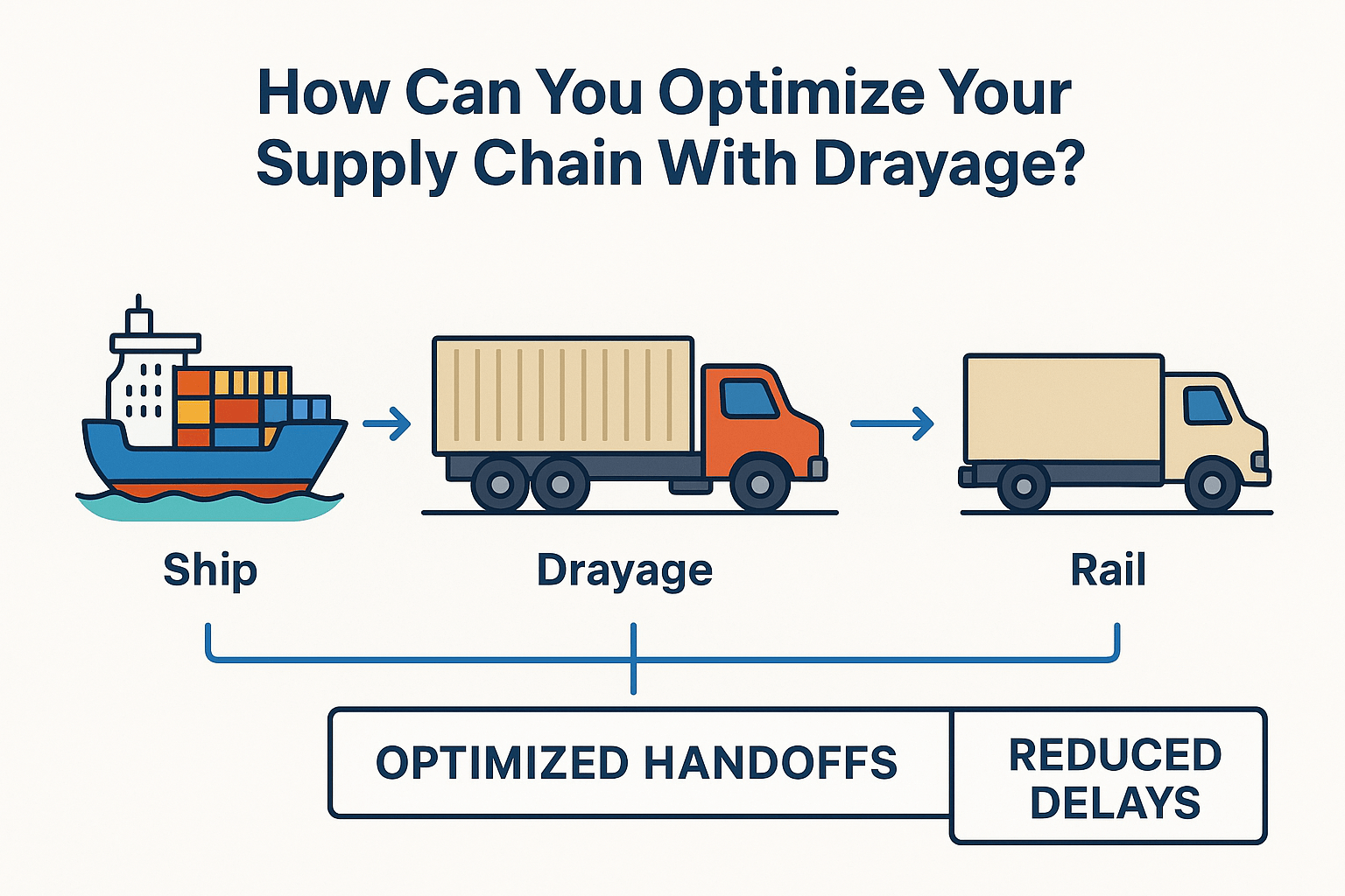 Flowchart illustrating optimized intermodal supply chain with container drayage connecting ship, truck, rail, and delivery.