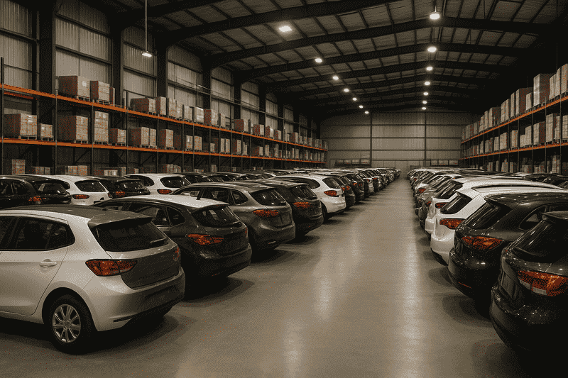 Indoor warehouse storage with vehicles organized in rows, reducing transport damage and costs.