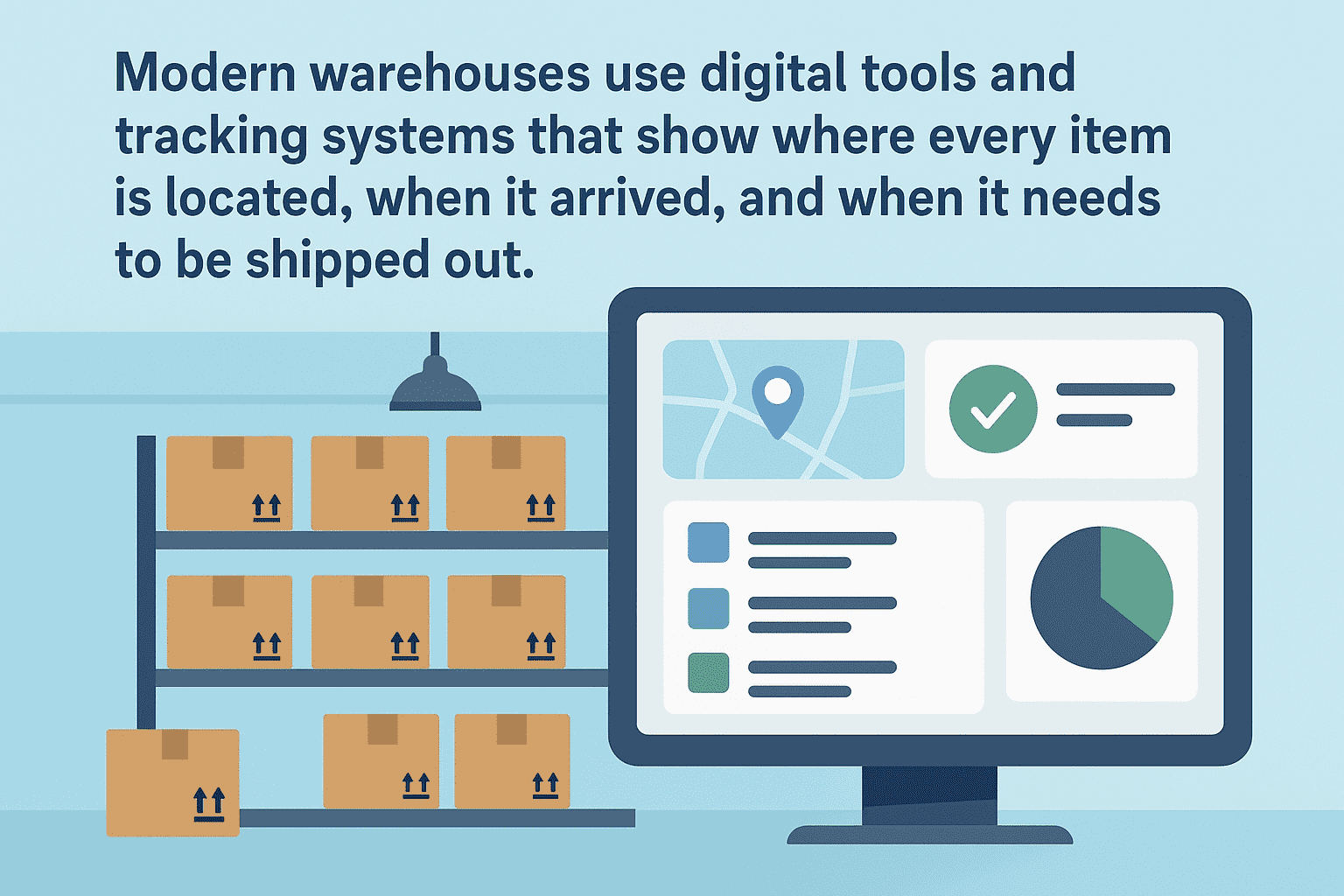 Infographic showing digital warehouse inventory tracking with real-time dashboard visibility.
