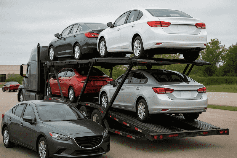 Multiple cars being loaded from different locations into a single transport truck for consolidated shipping.
