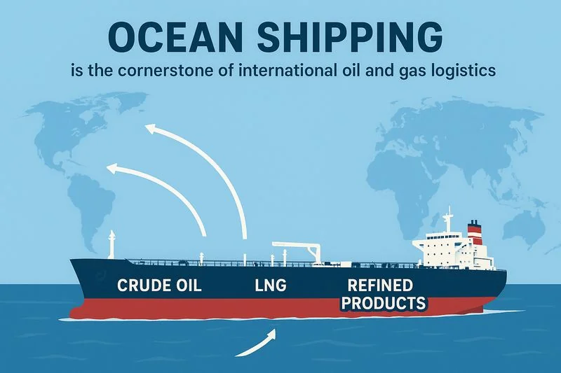 Infographic of a large oil tanker showing crude oil, LNG, and refined products being shipped globally.