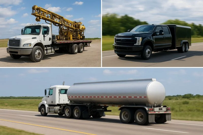 Photo collage of flatbed, hotshot, and oil tanker trucks used in oil and gas transportation.