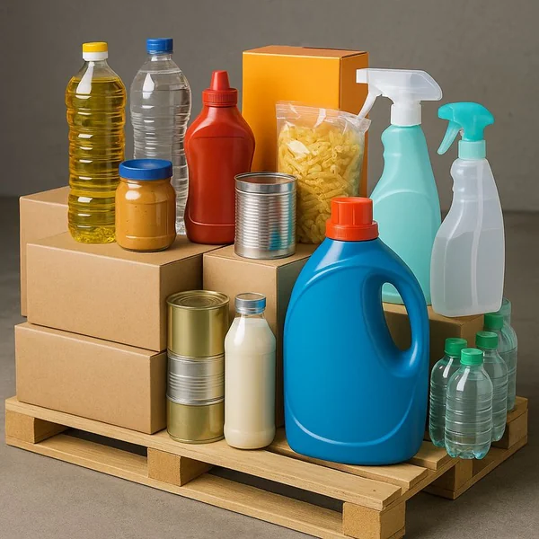 Variety of consumer packaged goods ready for shipment, including food, beverages, and household items.