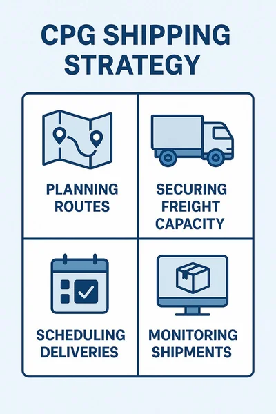 Infographic outlining key steps for building an effective CPG shipping strategy, including route planning, capacity management, scheduling, and monitoring.