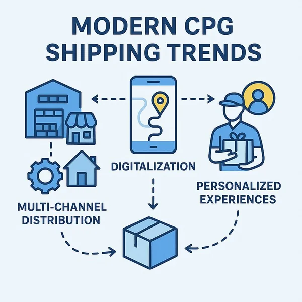 Diagram illustrating current CPG shipping trends including multi-channel distribution, digital tracking, and personalized delivery.