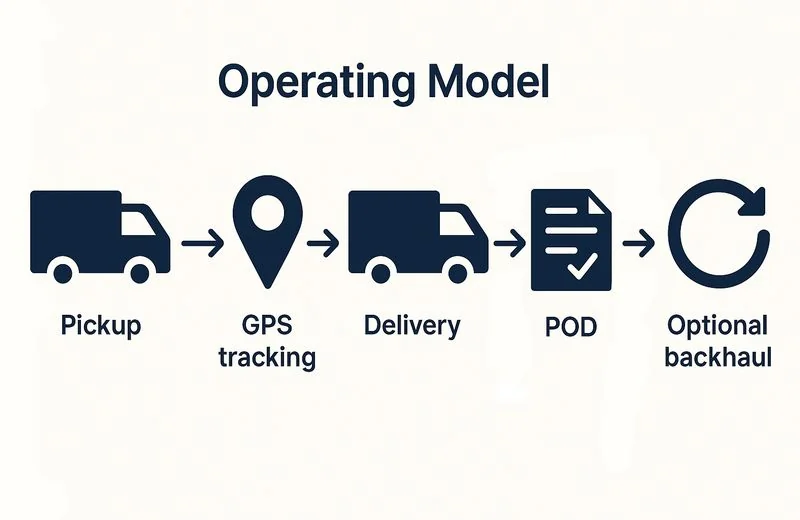 Infographic showing dry van freight process from pickup to delivery with GPS tracking and POD confirmation.