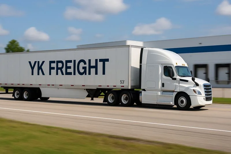Dry van freight truck transporting goods across the USA on highway.