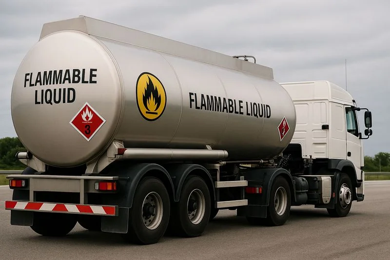 Oil and gas tanker truck with hazard signs showing flammable and dangerous materials.