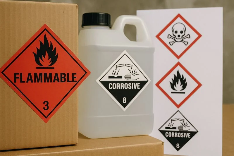 Photo showing common hazardous material labels and packaging, including flammable, corrosive, and toxic warnings.