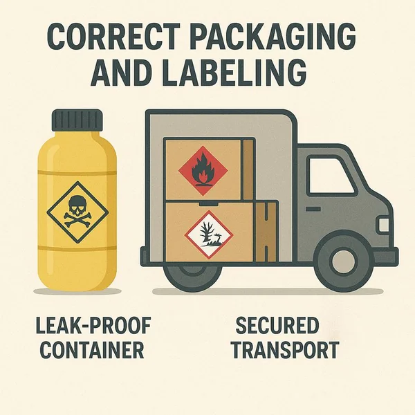 Diagram demonstrating proper packaging, labeling, and securing of hazardous materials for safe transportation.