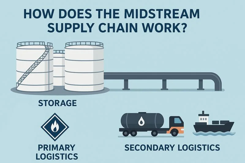 Infographic showing the midstream supply chain with storage, primary logistics via pipelines, and secondary logistics through trucks, rail, and barges.
