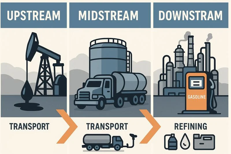 Diagram illustrating the upstream, midstream, and downstream stages of the oil and gas industry, showing the flow from production to fuel distribution.