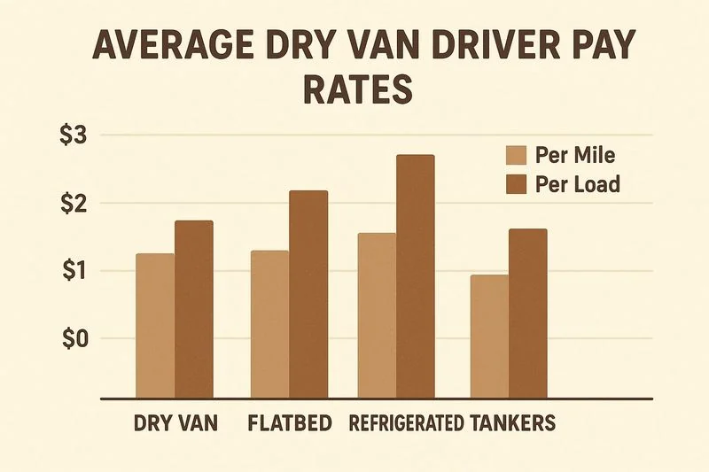 Chart showing average dry van driver pay rates per mile and per load compared to other freight types.