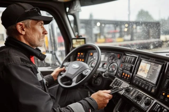 Photo of a commercial driver operating a dry van trailer, representing the workforce behind freight delivery.